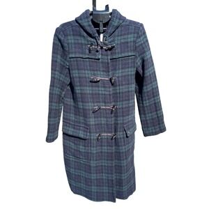Nautica Womens Wool Blend Trench LG Plaid Hooded Duffle Toggle Front Coat‎